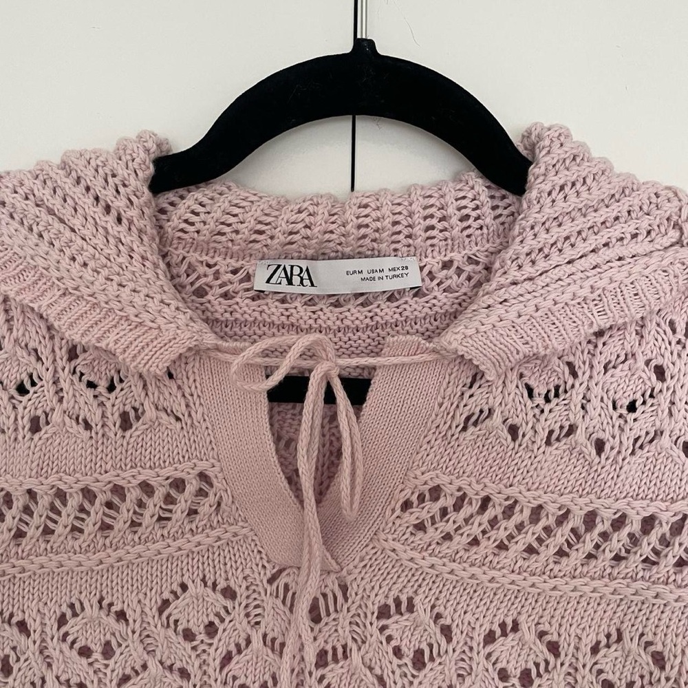 Zara | Pink lilac knitted short sleeve sweater collared top | Size M - Picture 6 of 7